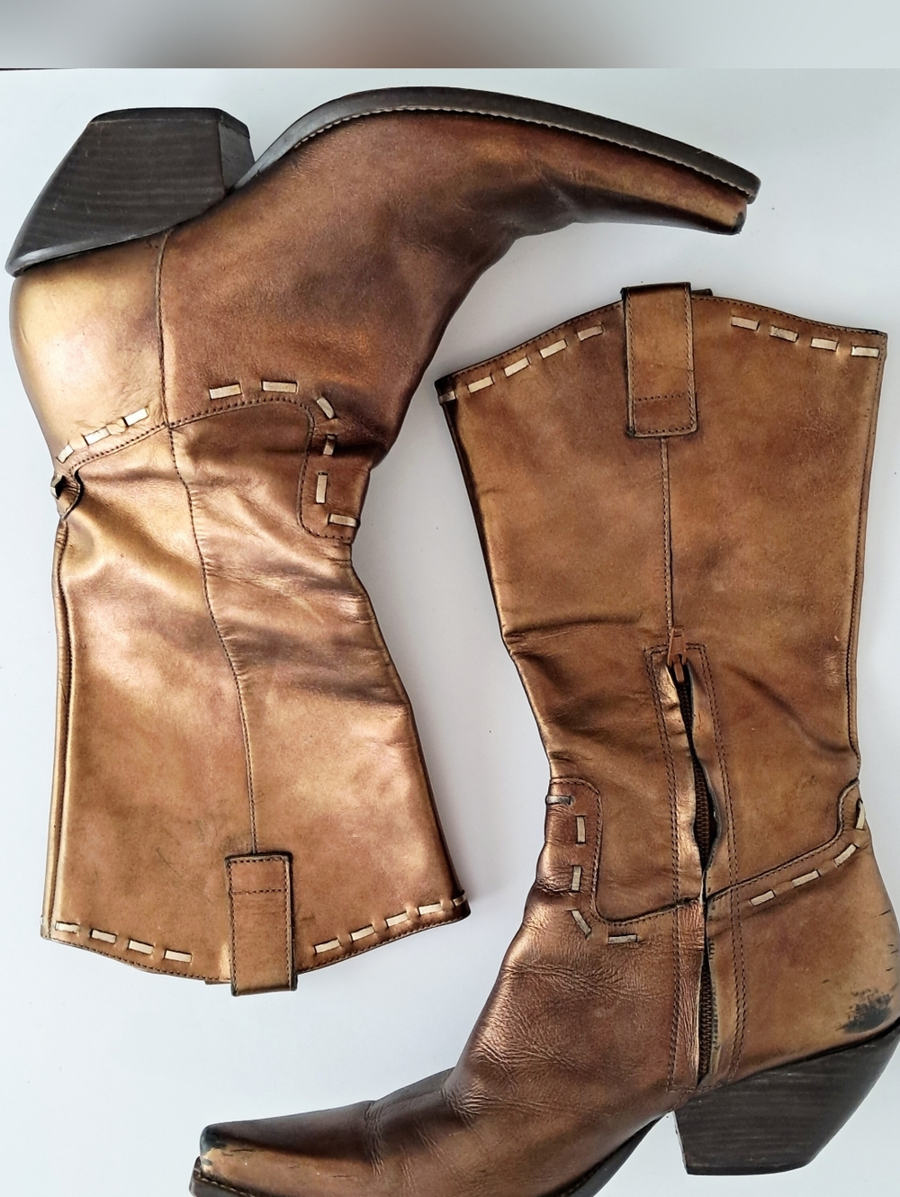 BCBGirls Vintage Copper Cowboy Boots with stitching and Zipper at the Ankle 7.5